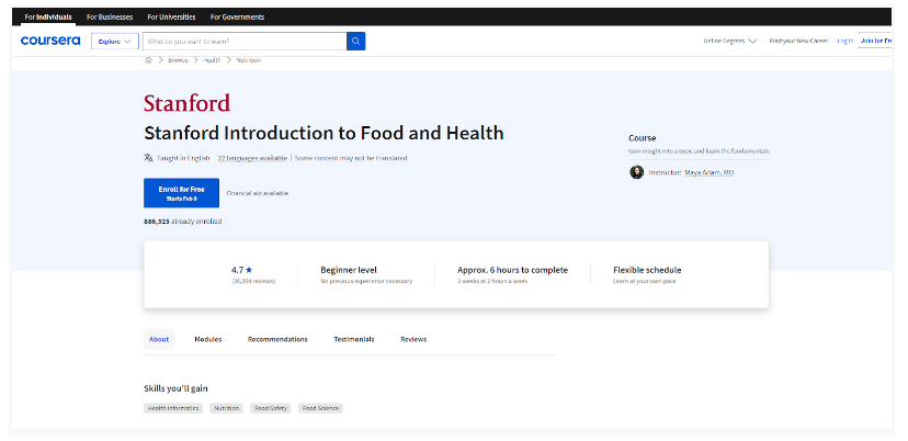 Food, Nutrition And Your Health - Stanford University Via Coursera