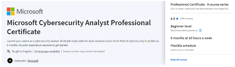 Microsoft Cybersecurity Analyst Professional Certificate