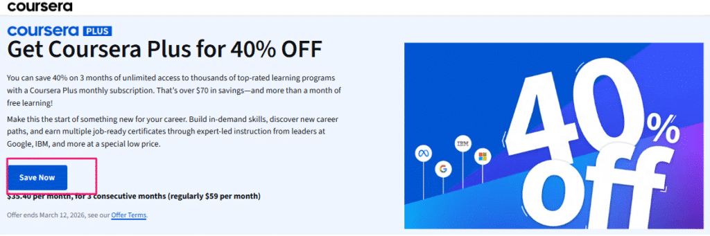 Coursera website & Click On Save Now